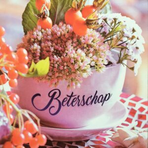 Op de kaart staat een foto van een kop en schotel met daarbij de tekst "Beterschap". Verder zijn er bloemen, besjes, een groen blad en een schaal met mozaïek.
