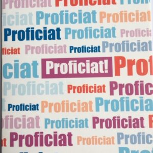 Op de kaart staat veelvuldig het woord "proficiat". Het staat er in diverse kleuren (blauw, rood, paars, oranje) en grootte.