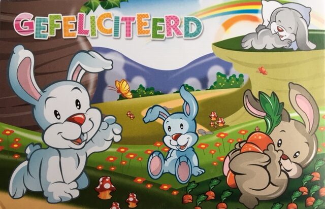 Op de kaart staat "Gefeliciteerd" in roze, blauw, groen en oranje. Op een heuvelachtig graslandschap met bloemetjes, paddenstoelen, vlinders en wortels, zijn 4 vrolijke konijntjes afgebeeld. Eentje omhelst een grote wortel en een ander ligt op een kussen te slapen.