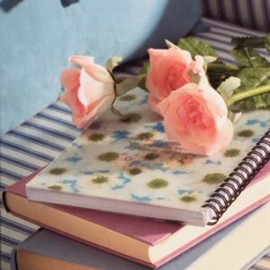 Op de kaart staat "Hartelijk gefeliciteerd". Op een wit/blauw gestreepte bank ligt een stapeltje boeken met kaften in blauw, roze en eentje met witte bloemetjes. Op dit stapeltje liggen 3 roze rozen.