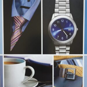 "Hartelijk gefeliciteerd!". Op de kaart staan 4 foto's: - jasje, overhemd met stropdas - horloge met daarboven "Men's lifestyle" - kopje koffie - een riem Onderaan de kaart staat "geniet van deze mooie kaart".