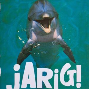 Op de kaart staat een foto van een blije dolfijn die uit het water springt. Daarbij staat in grote witte letters "Jarig".