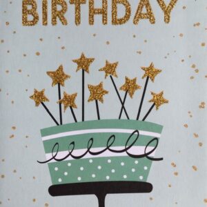 Op een mintgroene achtergrond met gouden versieringen staat de tekst "Happy birthday". Het woord "birthday" is voelbaar. Daarbij staat een taart met sterretjes afgebeeld.